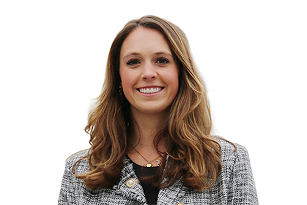 Photo of Eliazbeth in a black and white textured suit